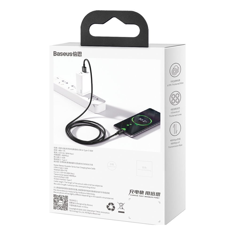 Baseus Superior USB - USB Typ C fast charging data cable 66 W (11 V / 6 A) Huawei SuperCharge SCP 1 m black (CATYS-01) цена и информация | Mobiiltelefonide kaablid | hansapost.ee