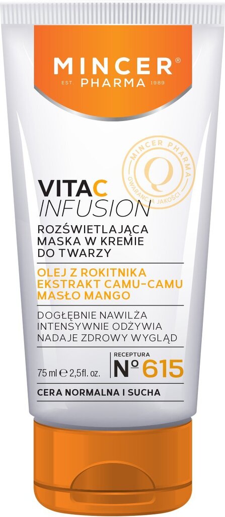 Nahka valgendav näomask Mincer Pharma Vita C Infusion No.615 75 ml hind ja info | Näomaskid ja silmamaskid | hansapost.ee