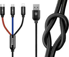 Baseus 3in1 kaabel USB-C / Lightning / Micro 3,5A 0,3m must hind ja info | Mobiiltelefonide kaablid | hansapost.ee