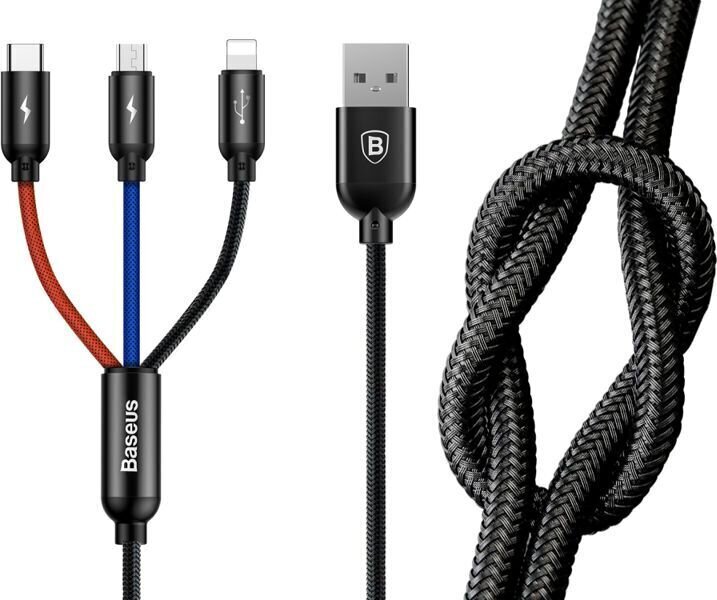 Baseus 3in1 kaabel USB-C / Lightning / Micro 3,5A 0,3m must цена и информация | Mobiiltelefonide kaablid | hansapost.ee