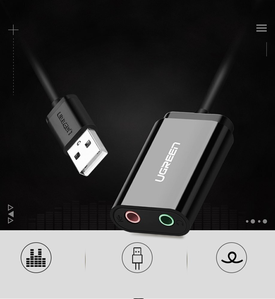 USB-heliadapter Ugreen 3,5 mm minipistik 15cm, must 30724 hind ja info | USB adapterid ja jagajad | hansapost.ee