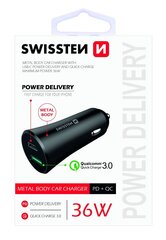 Автомобильное зарядное устройство c USB-C + Quick Charge Swissten Mеталл 3.0 / 36Вт / черное цена и информация | Зарядные устройства для телефонов | hansapost.ee