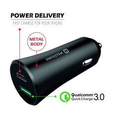 Swissten Metal Car Charger Adapter with Power Delivery USB-C + Quick Charge 3.0 / 36W / Black hind ja info | Laadijad mobiiltelefonidele | hansapost.ee