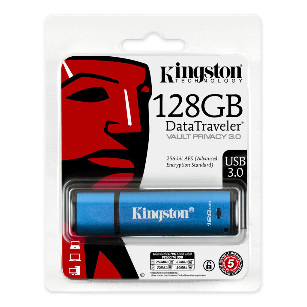 Mälupulk Kingston 128GB USB 3.0 DTVP30 256bit AES Encrypted FIPS 197 hind ja info | Mälupulgad | hansapost.ee