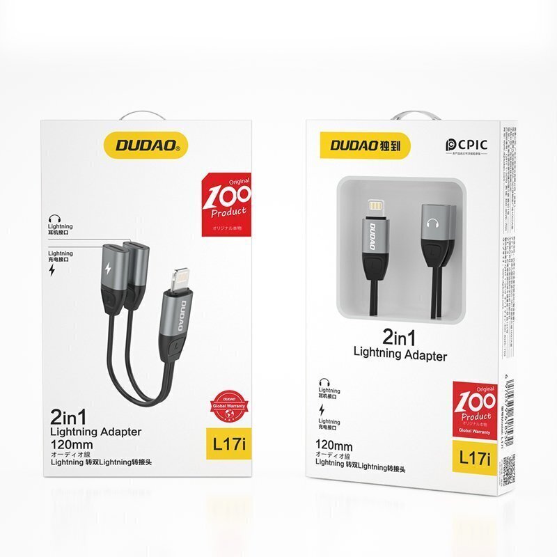 Dudao kõrvaklappide adapter Lightning kuni 2x Lightning adapter muusika ja laadimise jaoks, hall (L17i hall) цена и информация | USB adapterid ja jagajad | hansapost.ee