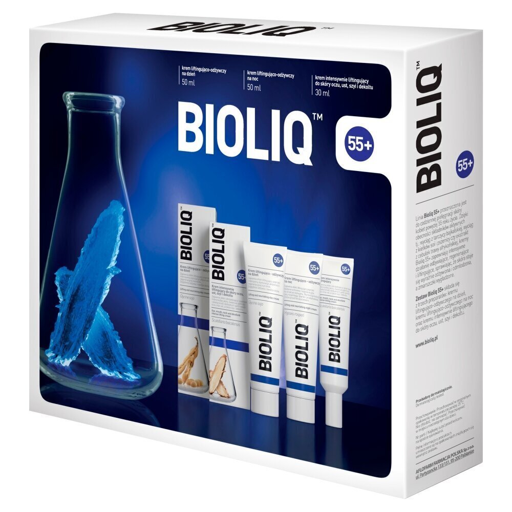 Komplekt BioliQ_55+: päevakreem 50 ml + öökreem 50 ml + silma-, huule-, kaela- ja dekolteekreem 30 ml цена и информация | Näokreemid | hansapost.ee