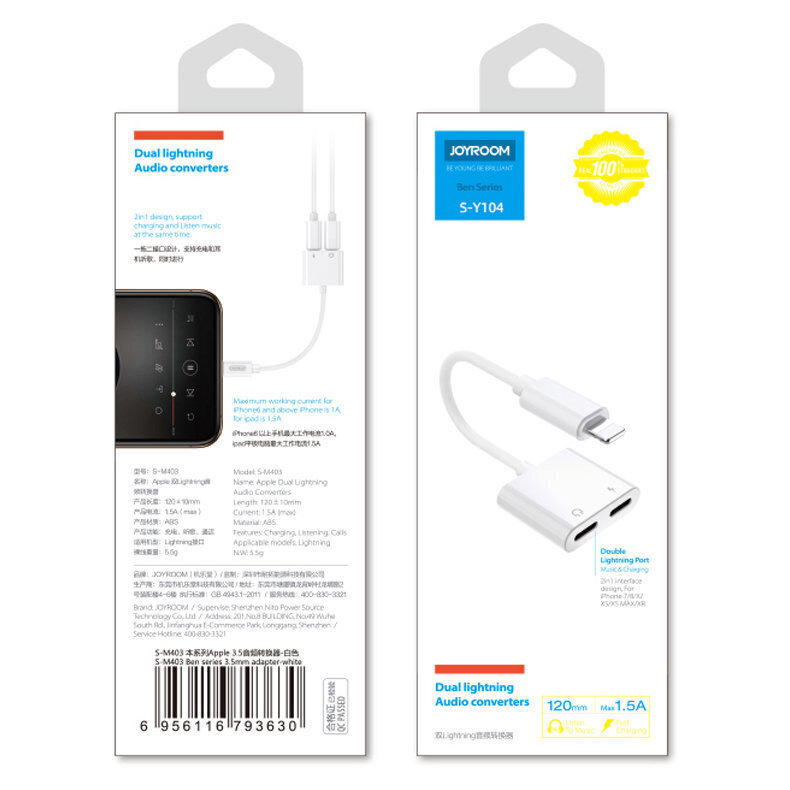 Joyroom Lightning – Lightning / 3,5 mm minipistikuga kõrvaklappide adapteri heli ja laadimine (S-Y104) hind ja info | Mobiiltelefonide kaablid | hansapost.ee