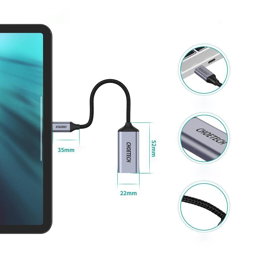 Choetech One-way Cable Adapter from USB Type C (Male) to DisplayPort (Female) 4K 60Hz 20cm gris (HUB-H11) цена и информация | USB adapterid ja jagajad | hansapost.ee