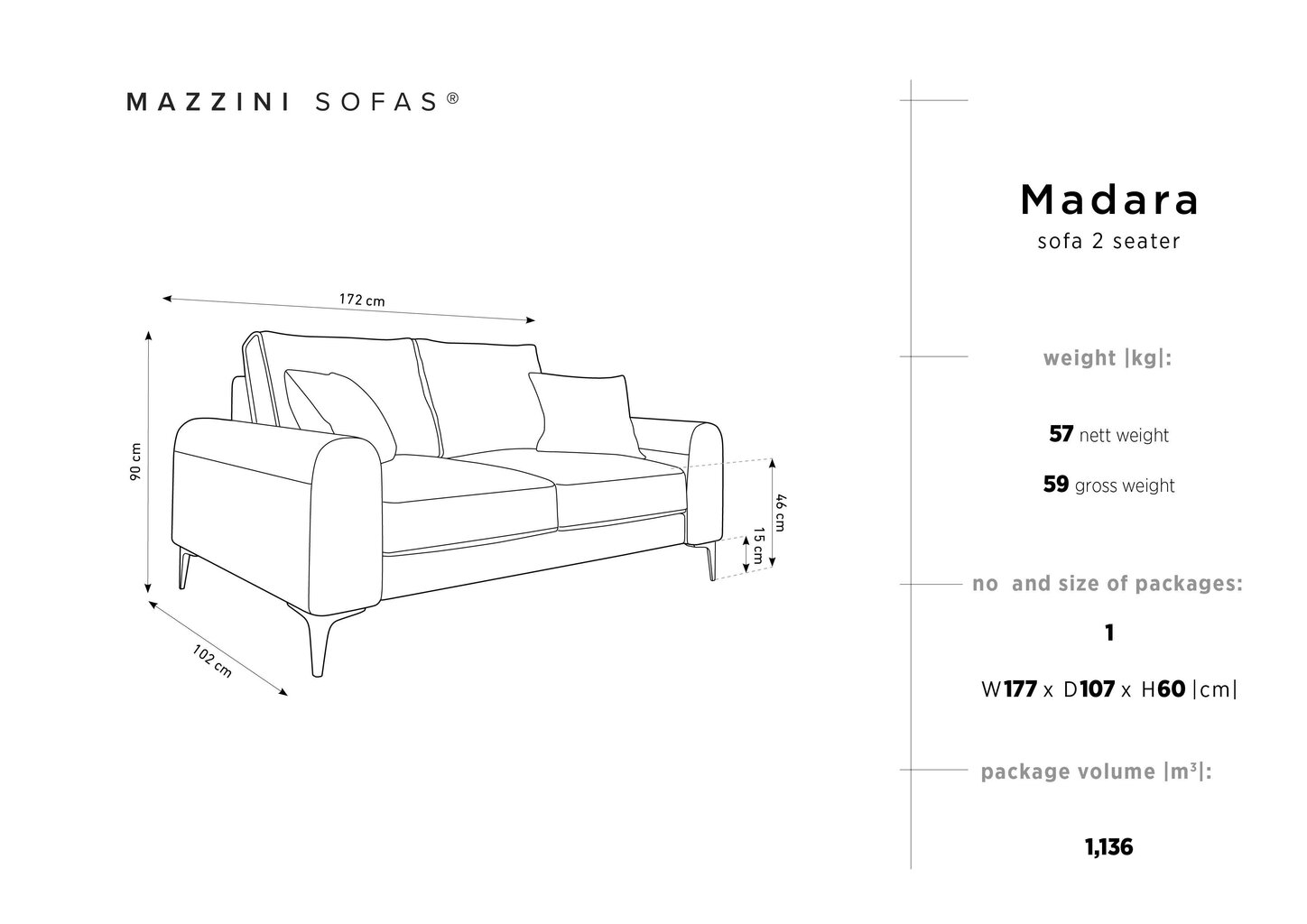 Kahekohaline diivan Mazzini Sofas Madara, veluur, heleroheline/must цена и информация | Diivanvoodid ja diivanid | hansapost.ee