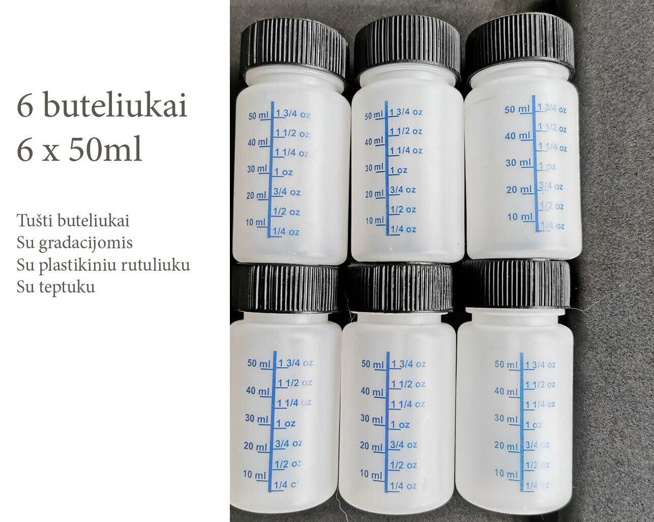 Tühjad gradueeritud pudelid ja pintsel 50 ml x 6 hind ja info | Lisatarvikud | hansapost.ee