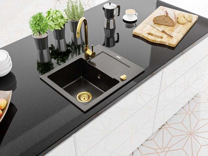 Graniidist köögivalamu Mexen Enzo koos segisti ja sifooniga, Metallic black/gold+Gold hind ja info | Köögivalamud | hansapost.ee