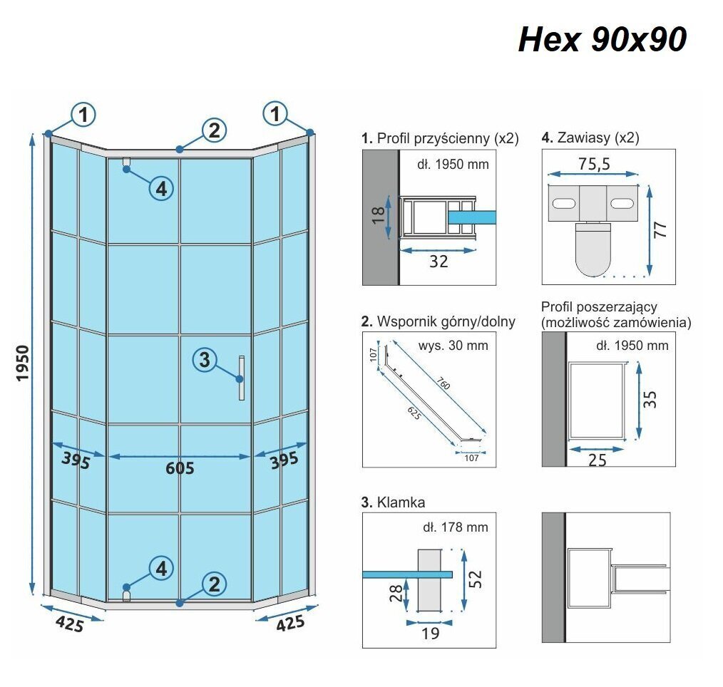 Dušikabiin REA Hex Black, 80x80, 90x90 cm hind ja info | Dušikabiinid | hansapost.ee