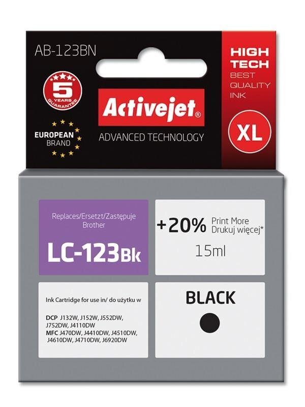 Tint ActiveJet AB-123BN | black | 15 ml | Brother LC123Bk, LC121Bk цена и информация | Tindiprinteri kassetid | hansapost.ee