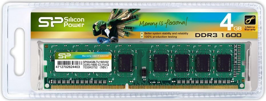 Silicon Power 4GB 1600MHz DDR3 CL11 (SP004GBLTU160N02) цена и информация | Operatiivmälu | hansapost.ee