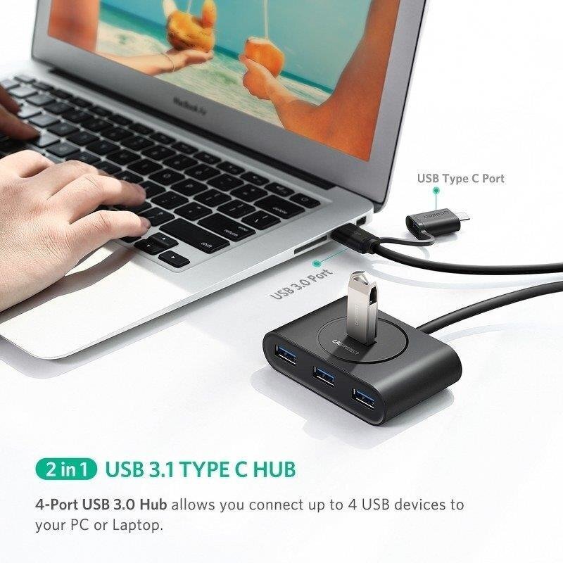 Ugreen USB 3.2 Gen 1 HUB 4x USB koos USB Type C port 1m must (CR113 40850) цена и информация | USB adapterid ja jagajad | hansapost.ee