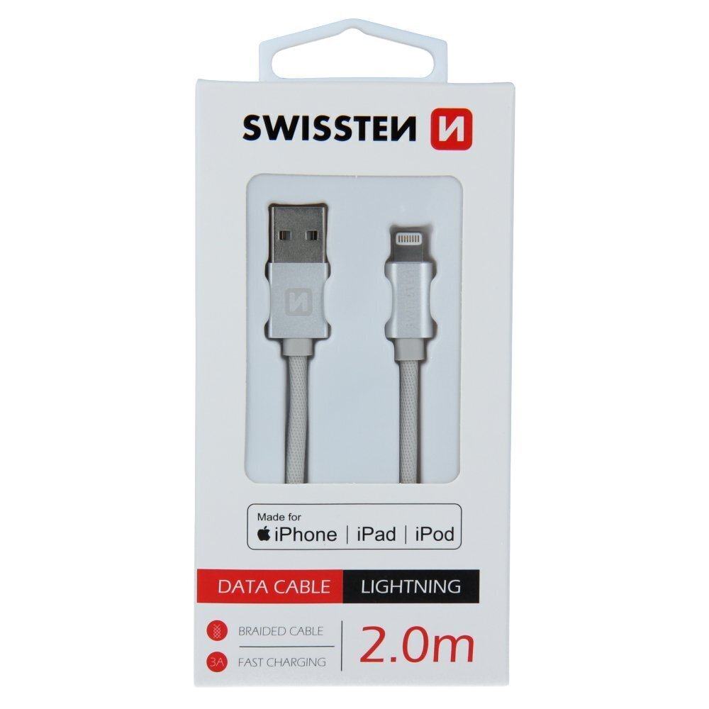 Swissten (MFI) Textile Fast Charge 3A Lightning (MD818ZM/A) Data and Charging Cable 2.0m Silver hind ja info | Juhtmed ja kaablid | hansapost.ee