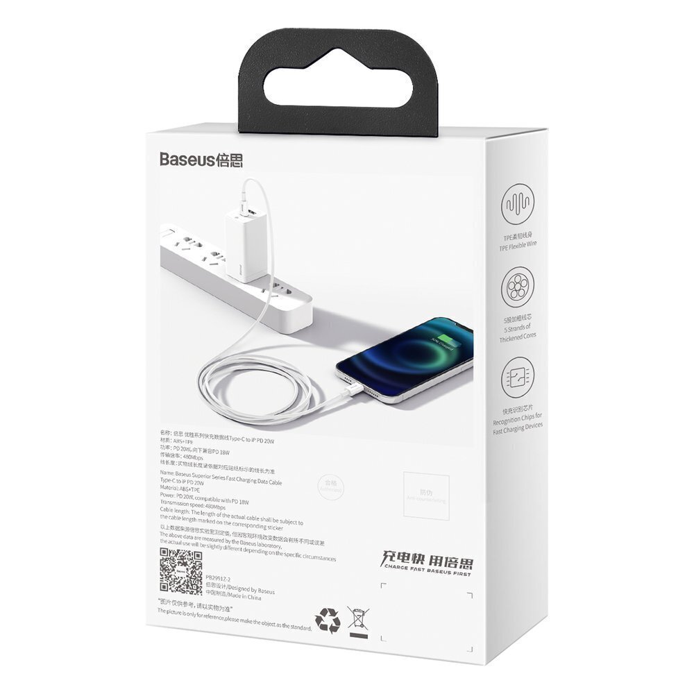 Baseus Superior CATLYS-A02 USB-C -> Lightning laadimiskaabel 20W / PD / 100 cm valge hind ja info | Mobiiltelefonide kaablid | hansapost.ee