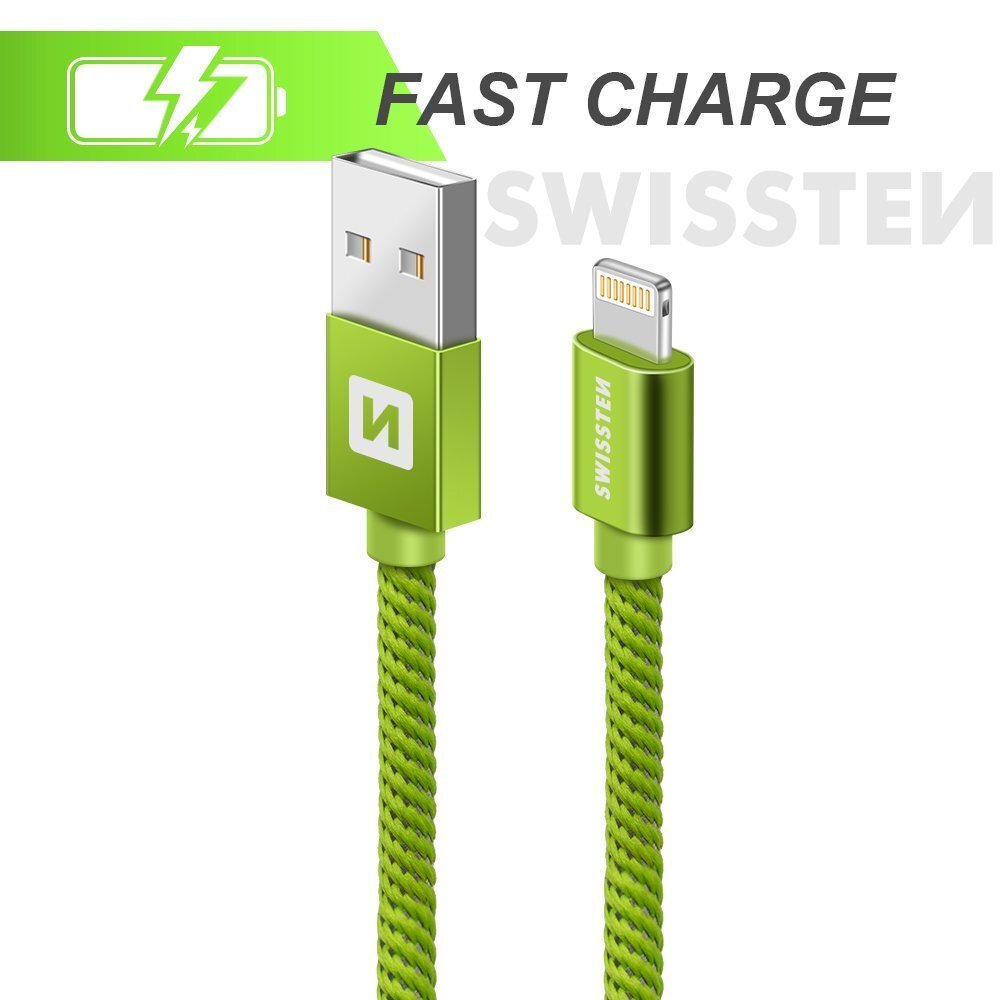 Swissten Textile Fast Charge 3A Lighthing (MD818ZM/A) Data and Charging Cable 2m Green цена и информация | Juhtmed ja kaablid | hansapost.ee