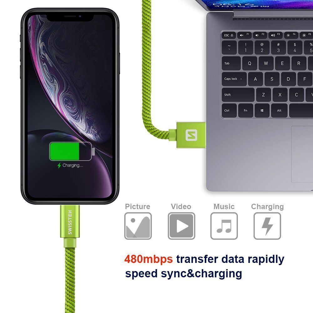 Swissten Textile Fast Charge 3A Lighthing (MD818ZM/A) Data and Charging Cable 2m Green цена и информация | Juhtmed ja kaablid | hansapost.ee