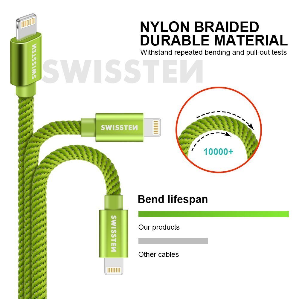 Swissten Textile Fast Charge 3A Lighthing (MD818ZM/A) Data and Charging Cable 2m Green цена и информация | Juhtmed ja kaablid | hansapost.ee