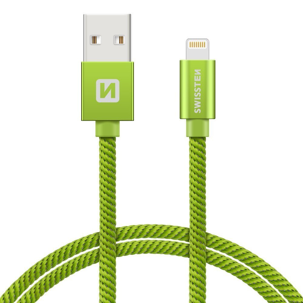 Swissten Textile Fast Charge 3A Lighthing (MD818ZM/A) Data and Charging Cable 2m Green цена и информация | Juhtmed ja kaablid | hansapost.ee