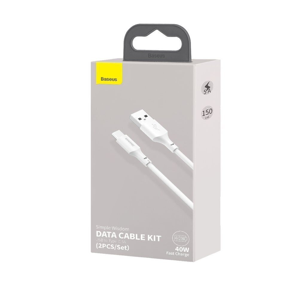 USB-kaabli komplekt Baseus Simple Wisdom Data Cable Kit USB to Type-C 5A (2PCS/Set) 1.5m valge TZCATZJ-02 hind ja info | Mobiiltelefonide kaablid | hansapost.ee