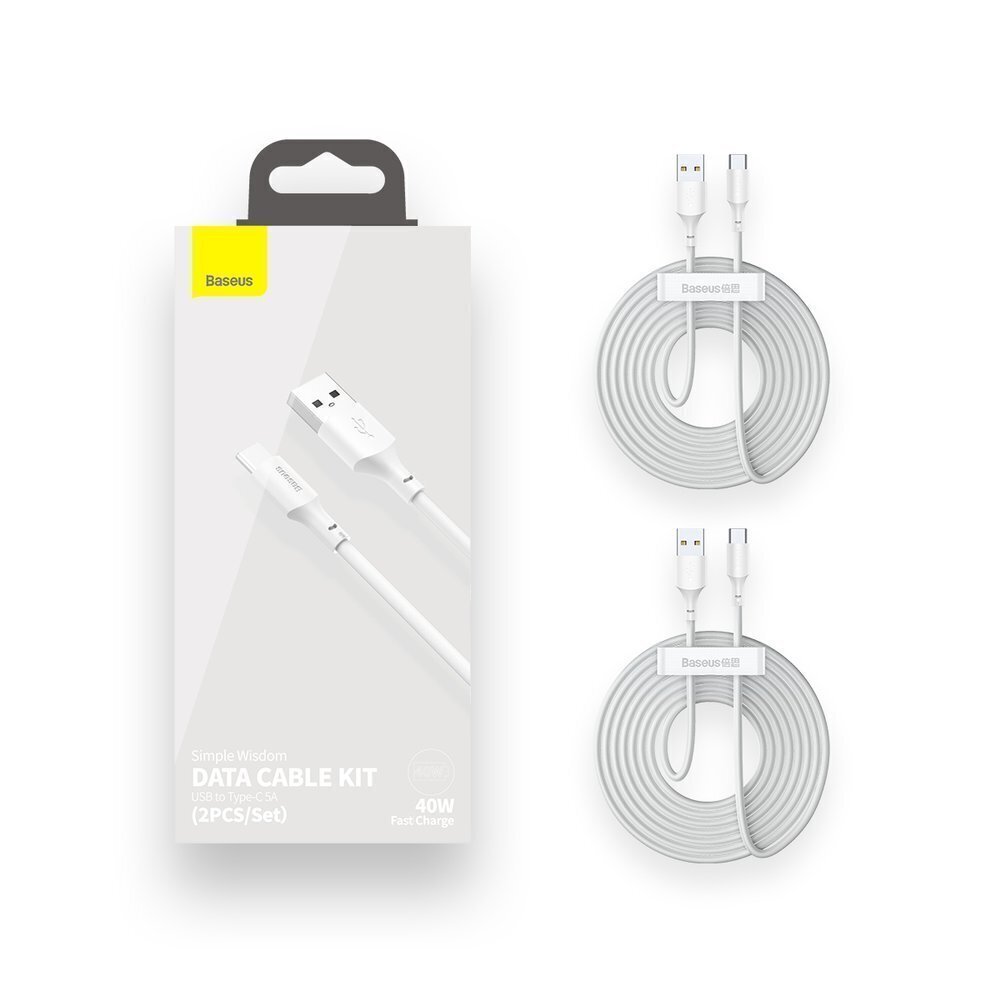 USB-kaabli komplekt Baseus Simple Wisdom Data Cable Kit USB to Type-C 5A (2PCS/Set) 1.5m valge TZCATZJ-02 цена и информация | Mobiiltelefonide kaablid | hansapost.ee