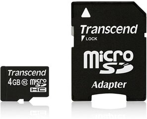 MEMORY MICRO SDHC 4GB W/ADAPT/CLASS10 TS4GUSDHC10 TRANSCEND цена и информация | Карты памяти | hansapost.ee