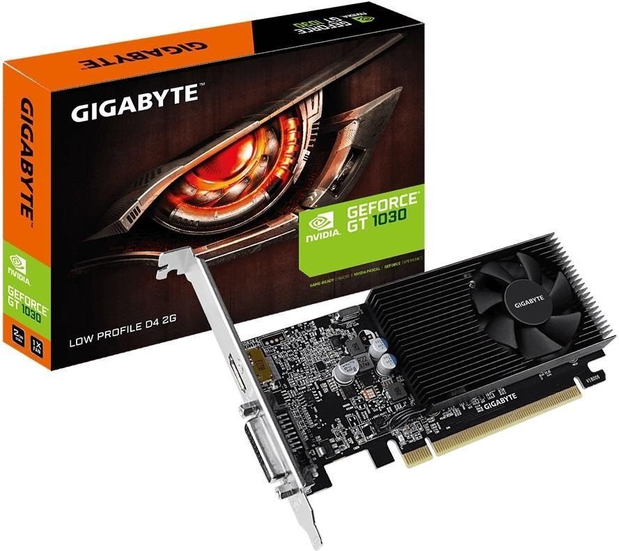 Videokaart Gigabyte GeForce GT1030 Low Profile D4 2GB GDDR4 64bit DVI+2xHDMI (GV-N1030D4-2GL) hind ja info | Videokaardid | hansapost.ee