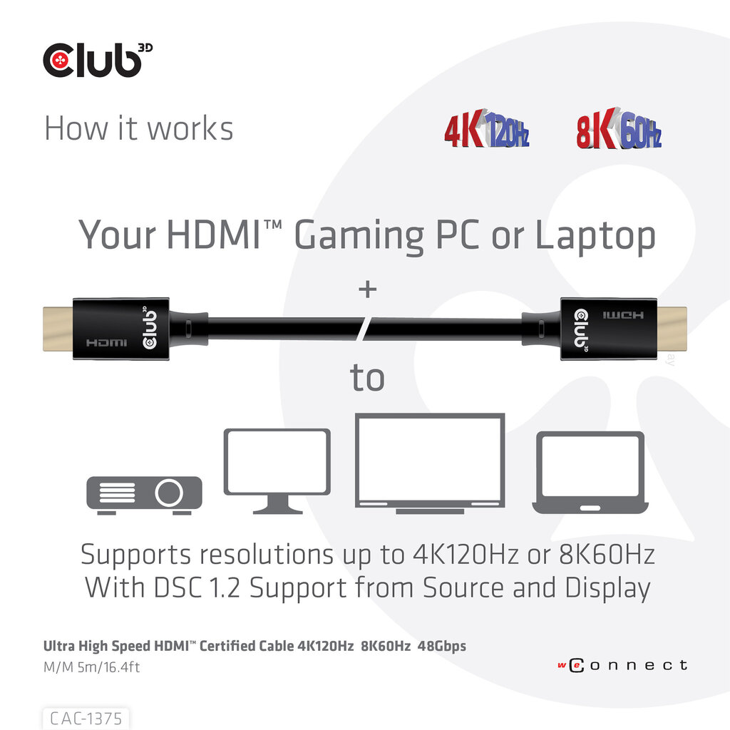 Club 3D CAC-1375, HDMI, 5 m цена и информация | Juhtmed ja kaablid | hansapost.ee