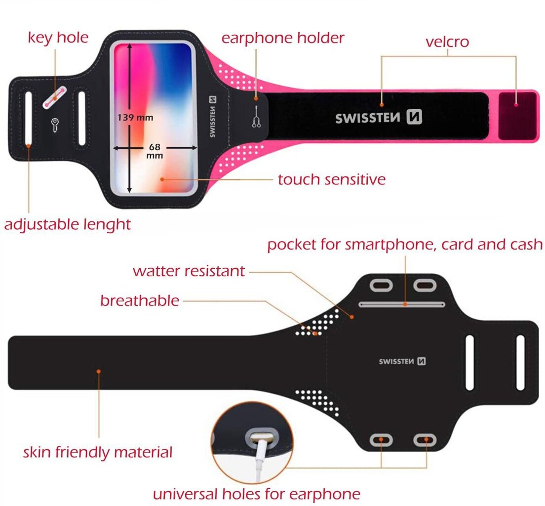 Swissten Armbag Case for phones up to 6 inches Pink цена и информация | Telefonihoidjad | hansapost.ee