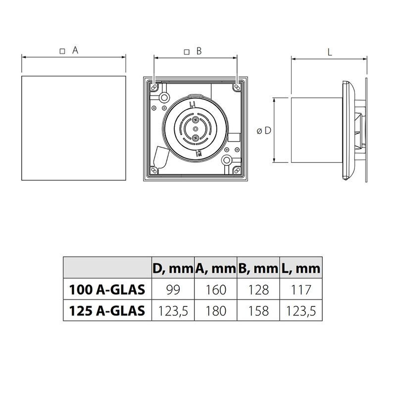 Väljalaskeventilaator Vlano A-GLAS BK musta klaaspaneeliga цена и информация | Vannitoa ventilaatorid | hansapost.ee