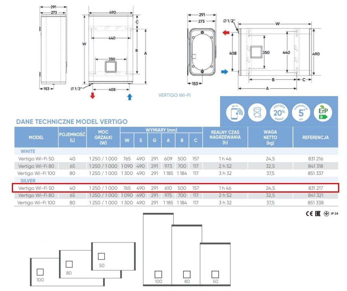 Elektriline veeboiler Atlantic VERTIGO NEW STEATITE WIFI 50 silver, vertikaalne/horisontaalne 40 L цена и информация | Veeboilerid | hansapost.ee