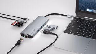 Разветвитель Swissten USB-C 8in1 с 3X USB 3.0 / 1X USB-C Power Delivery / 1X microSD / 1X SD / 1x HDMI 4K / 1x LAN RJ45 / алюминиевый корпус цена и информация | Swissten Aксессуары для компьютеров | hansapost.ee