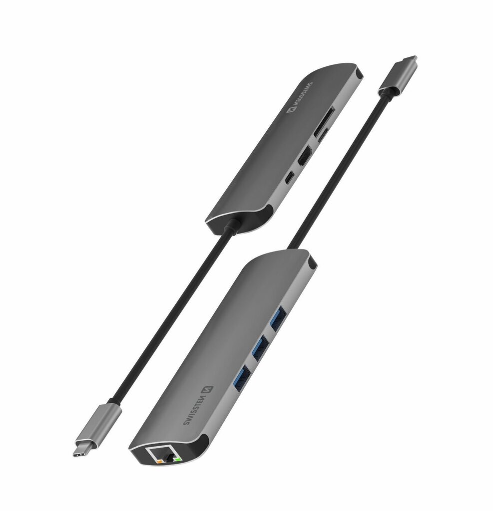 Swissten USB-C Hub 8in1 with 3X USB 3.0 / 1X USB-C Power Delivery / 1X microSD / 1X SD / 1x HDMI 4K / 1x LAN RJ45 / Aluminum body цена и информация | USB adapterid ja jagajad | hansapost.ee