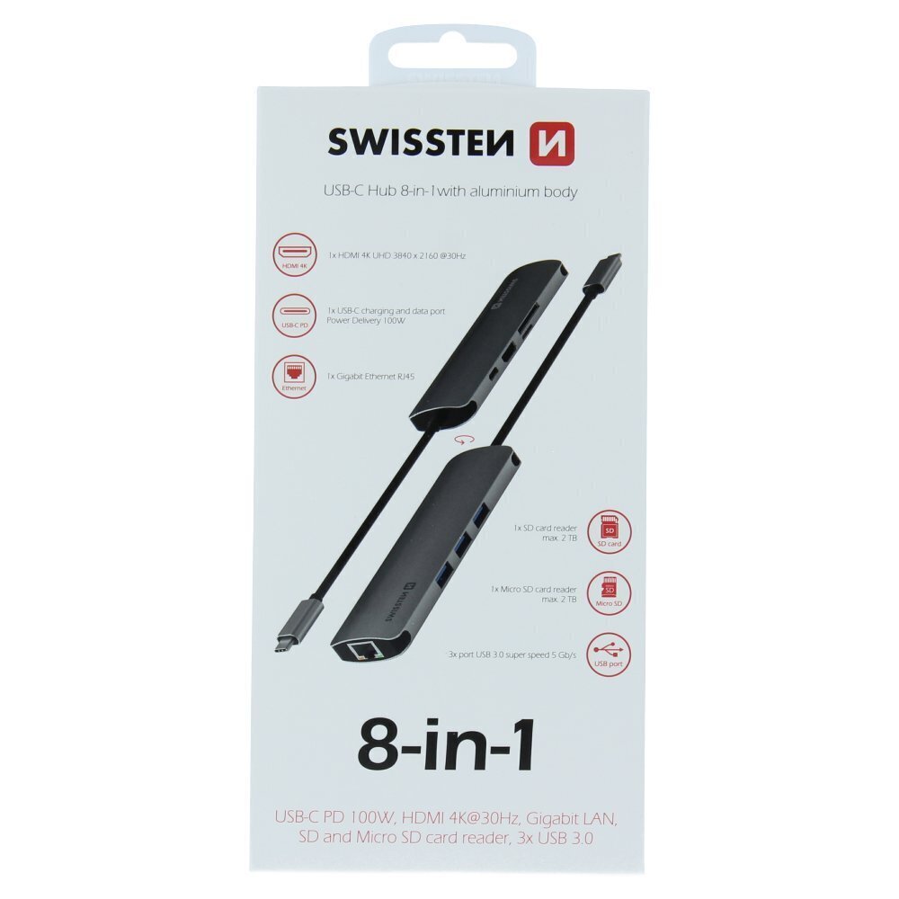 Swissten USB-C Hub 8in1 with 3X USB 3.0 / 1X USB-C Power Delivery / 1X microSD / 1X SD / 1x HDMI 4K / 1x LAN RJ45 / Aluminum body hind ja info | USB adapterid ja jagajad | hansapost.ee