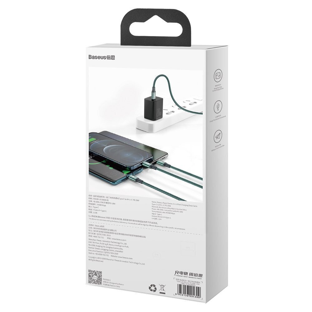 Baseus Rapid 3in1 USB Type C – USB Type C / Lightning / micro USB kaabel 20 W 1,5 m roheline (CAMLT-SC06) hind ja info | Mobiiltelefonide kaablid | hansapost.ee