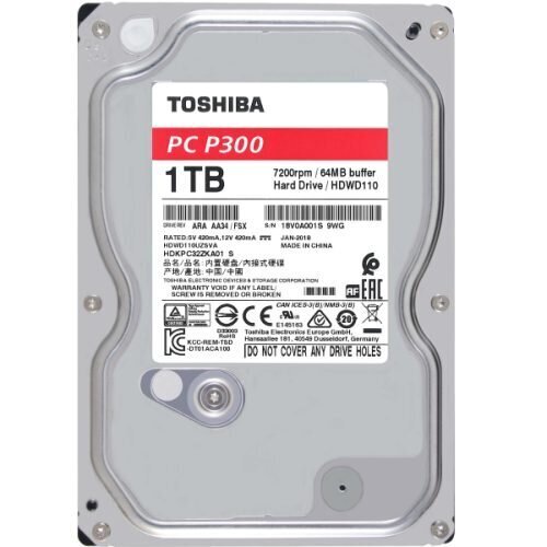 Toshiba HDD P300 BULK 3.5 1TB SATA 7200RPM 64MB hind ja info | Sisemised kõvakettad | hansapost.ee