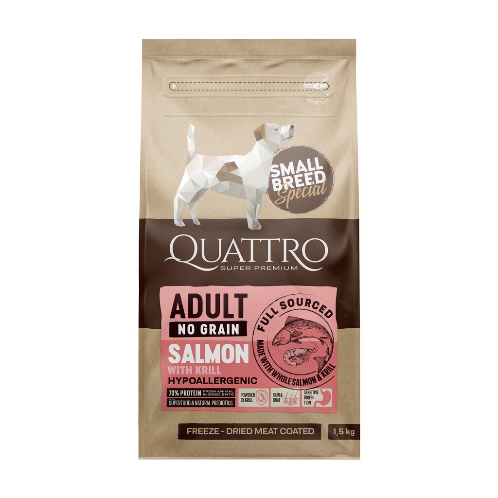 Quattro Small Breed teraviljavaba hüpoallergeenne kuivtoit väikestele täiskasvanud koertele koos lõhe ja krilliga, 1,5kg цена и информация | Koerte kuivtoit ja krõbinad | hansapost.ee