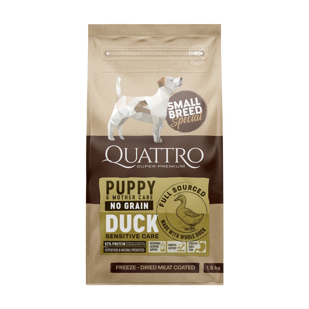 Quattro Small Breed Puppy & Mother care teraviljavaba kuivtoit väikest tõugu koertele koos pardiga, 1,5kg цена и информация | Koerte kuivtoit ja krõbinad | hansapost.ee