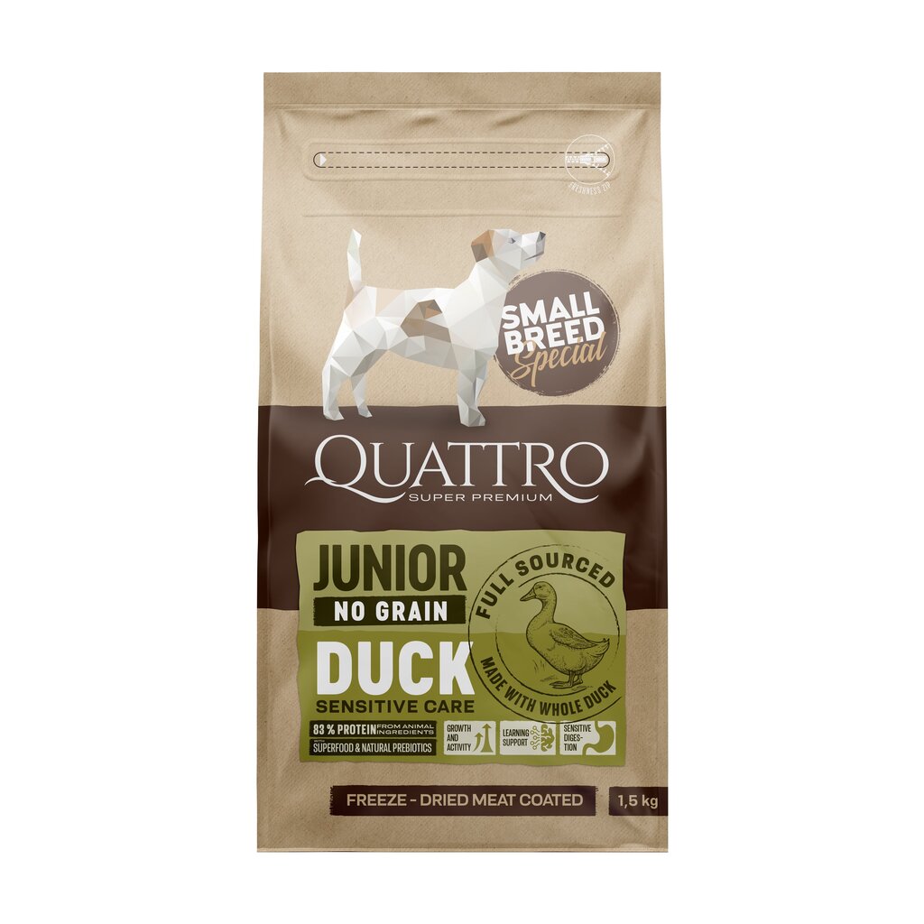 Quattro Small breed Junior täistoit väikest tõugu koertele koos pardiga, 1,5kg hind ja info | Koerte kuivtoit ja krõbinad | hansapost.ee
