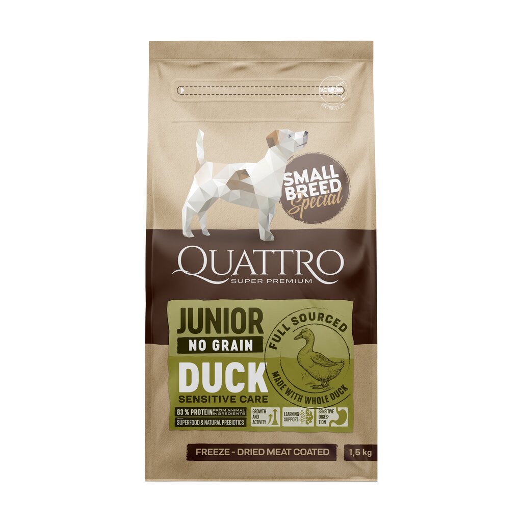 Quattro Small Breed Junior teraviljavaba kuivtoit väikest tõugu koertele koos pardiga, 7kg hind ja info | Koerte kuivtoit ja krõbinad | hansapost.ee