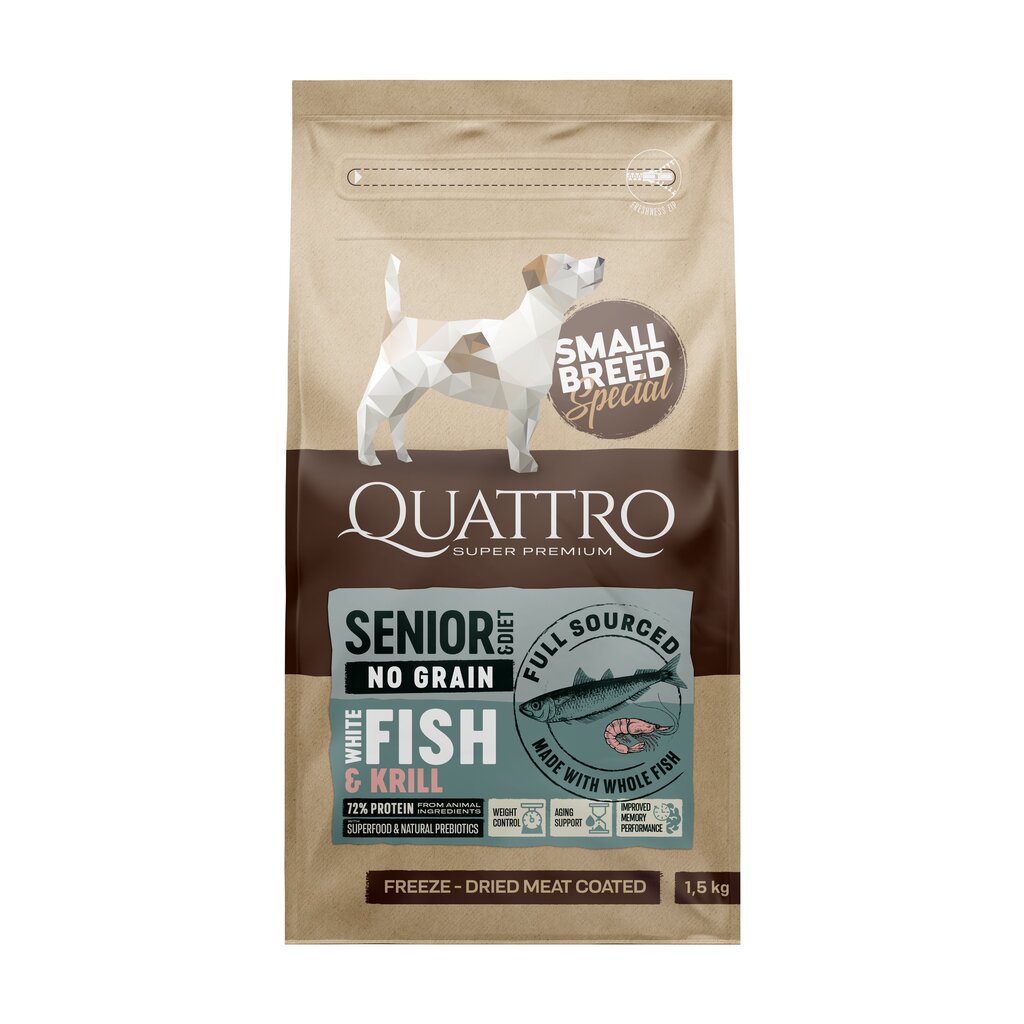 Quattro Small Breed Senior and Diet teraviljavaba kuivtoit väikest tõugu koertele koos valge kalaga, 7kg цена и информация | Koerte kuivtoit ja krõbinad | hansapost.ee