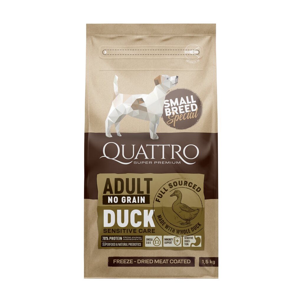 Quattro Small Breed Adult teraviljavaba kuivtoit väikest tõugu koertele koos pardiga, 7kg цена и информация | Koerte kuivtoit ja krõbinad | hansapost.ee