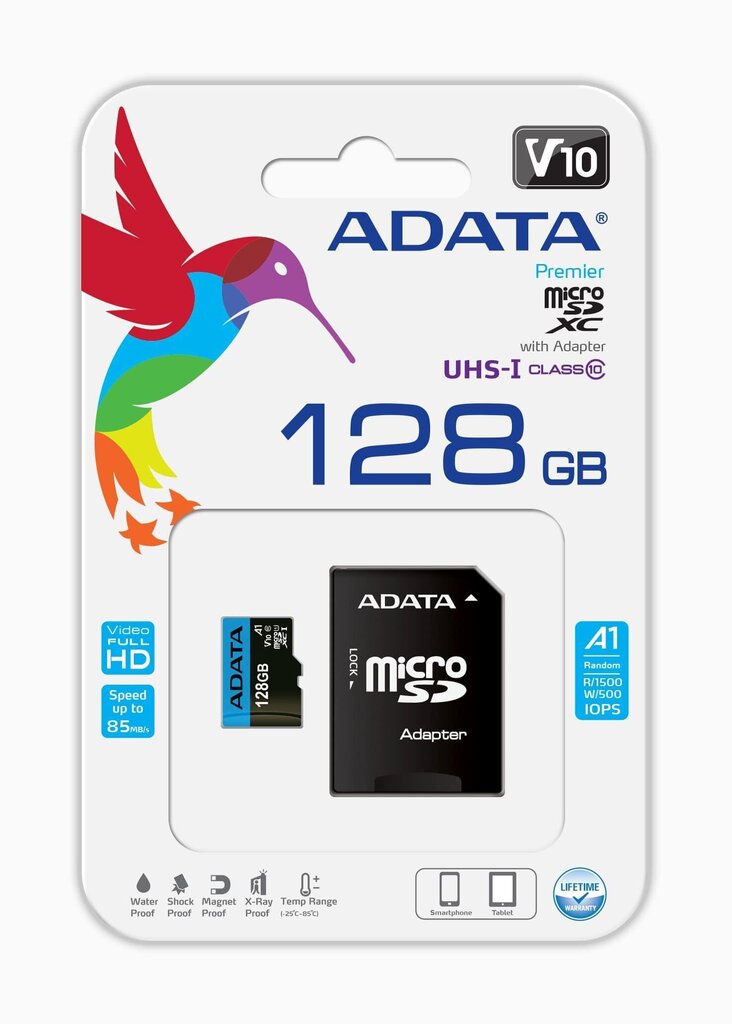 Mälukaart ADATA Premier 128 GB microSDXC UHS-I, klass 10 + adapter hind ja info | Mälukaardid mobiiltelefonidele | hansapost.ee