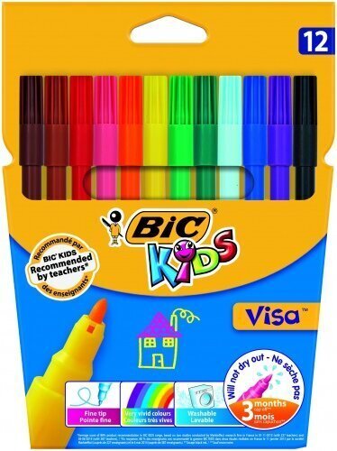 Värvilised viltpliiatsid Bic Kids Visa, 12 värvi komplekt hind ja info | Kunstitarbed, voolimise tarvikud | hansapost.ee