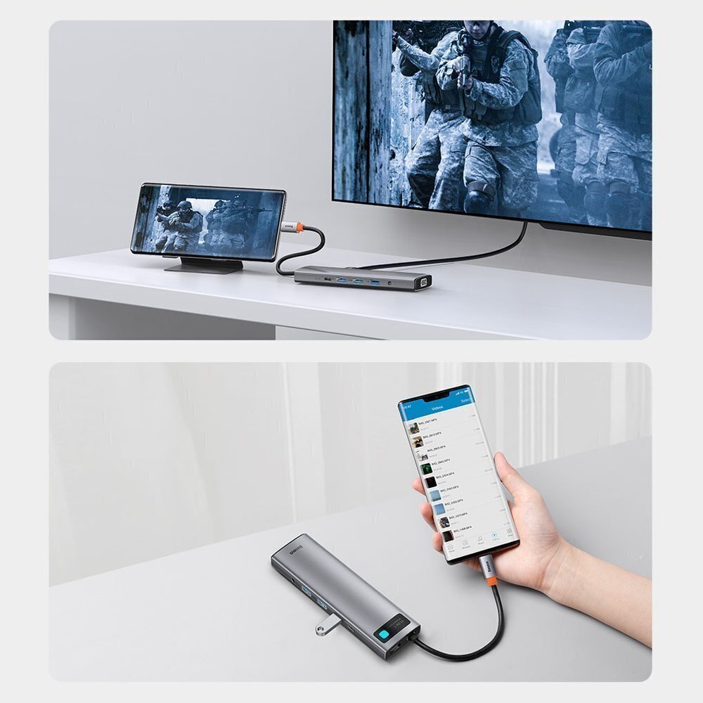 Hub 11in1 Baseus Metal Gleam Series, USB-C kuni 3x USB 3.0 + 2x HDMI + USB-C PD + Ethernet RJ45 + microSD / SD + VGA + AUX hind ja info | USB adapterid ja jagajad | hansapost.ee