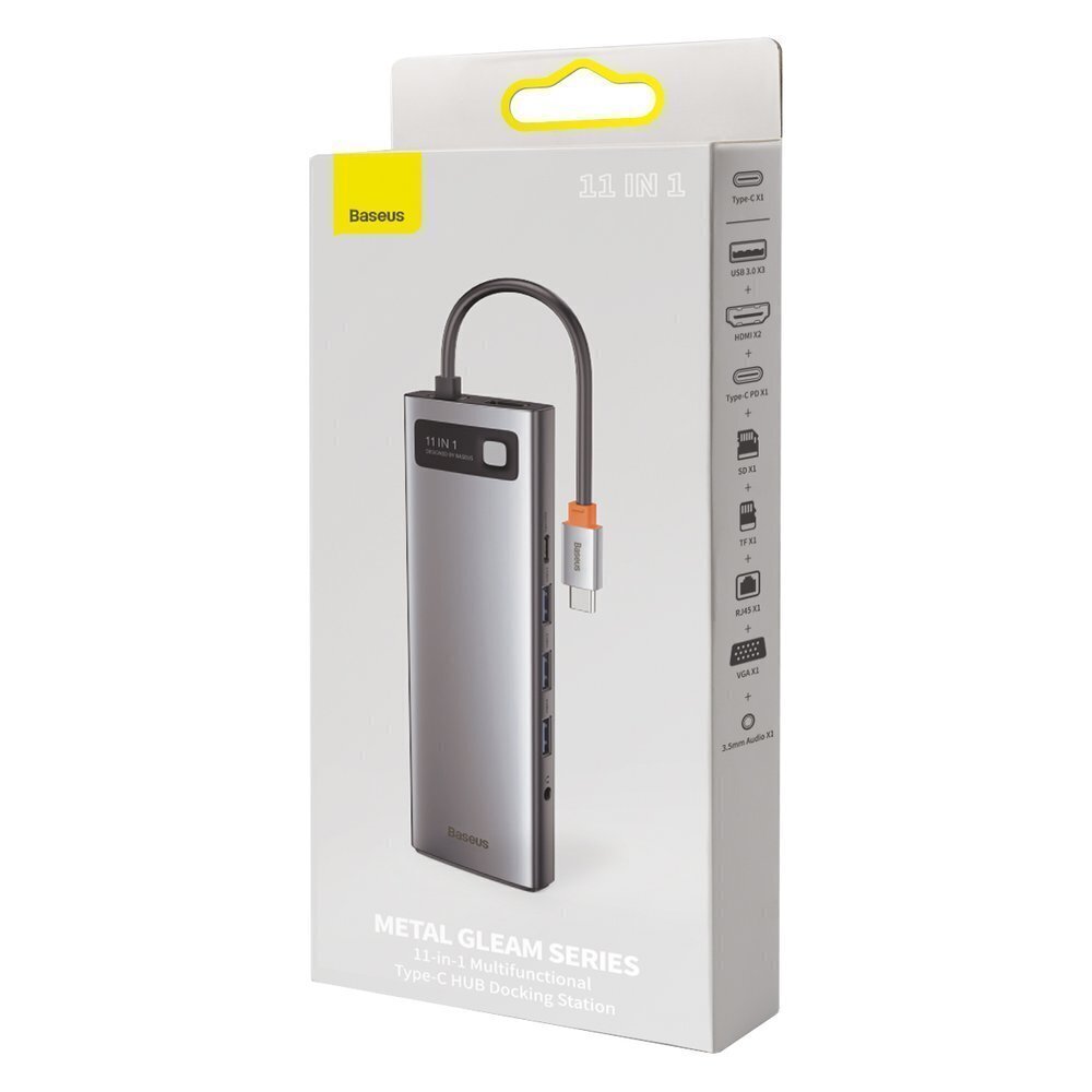 Hub 11in1 Baseus Metal Gleam Series, USB-C kuni 3x USB 3.0 + 2x HDMI + USB-C PD + Ethernet RJ45 + microSD / SD + VGA + AUX hind ja info | USB adapterid ja jagajad | hansapost.ee