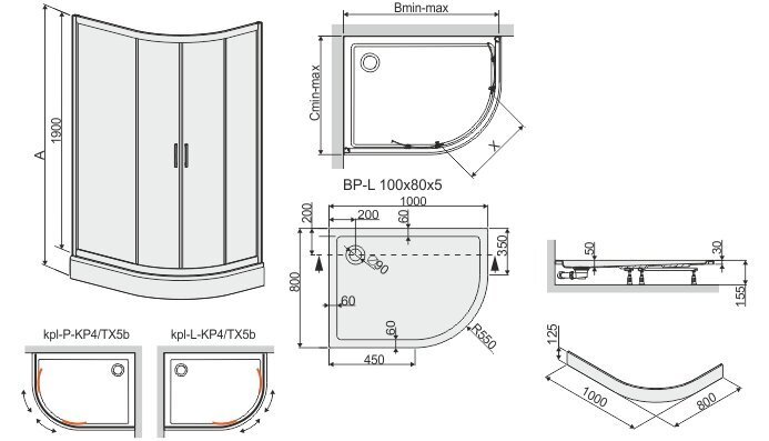 Nurga dušikabiin Sanplast TX KP4/TX5b/L 80x100s, profiil läikiv hõbedane, läbipaistev klaas W0, alusega hind ja info | Dušikabiinid | hansapost.ee