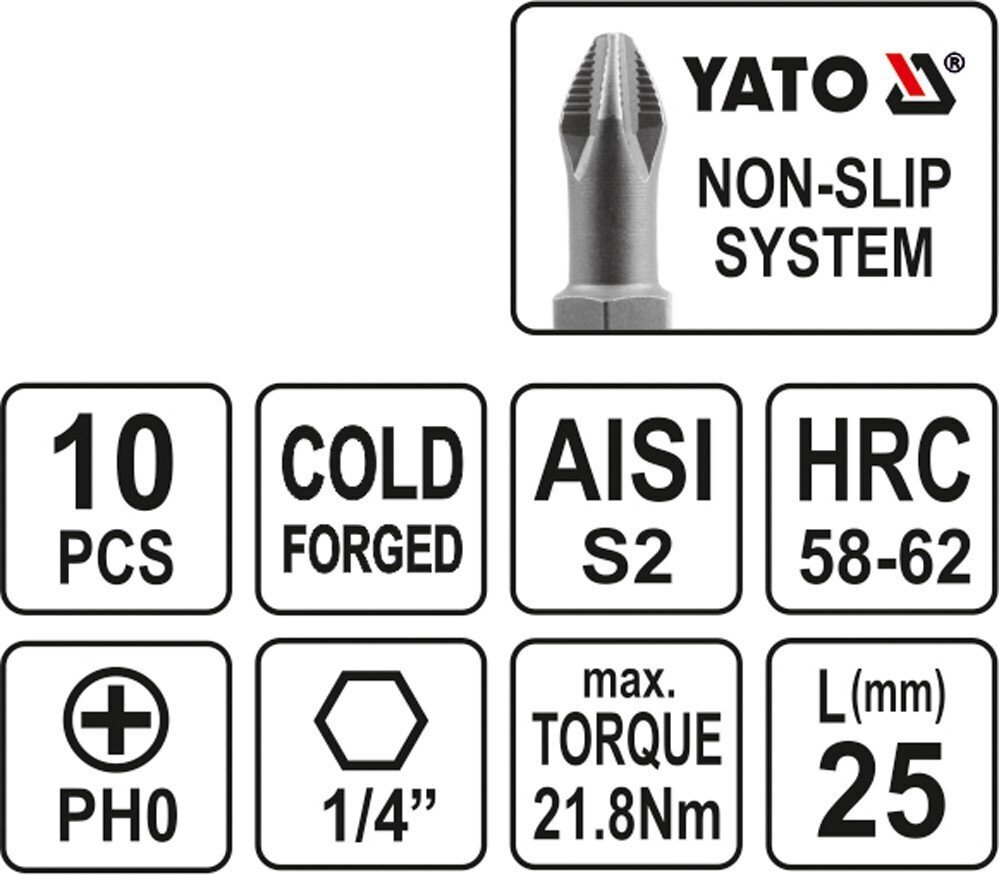 Kruvikeeraja otsikute komplekt Yato PH0x25mm 1/4", 10 tk цена и информация | Käsitööriistad | hansapost.ee
